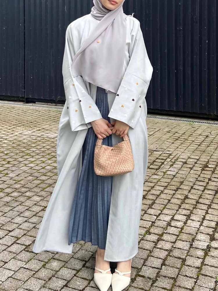 Heart Embroidery Muslim Abaya for Women Eid Dress Morocco Ramadan Lace-up Abayas Kaftan Islam Cardigan Dubai Arab Long Robe