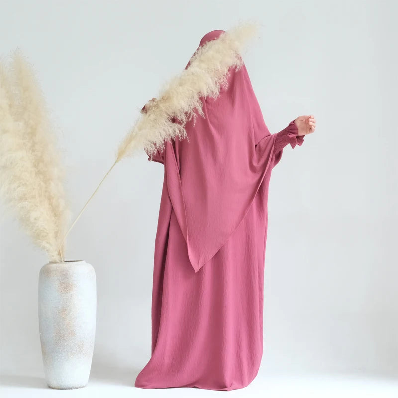 Khimar Abaya Set Crinkled Fabric Batwing Sleeve Dress+Hijab Scarf Dubai Turkey Prayer Clothes Women Islam Muslim Jilbab Ramadan