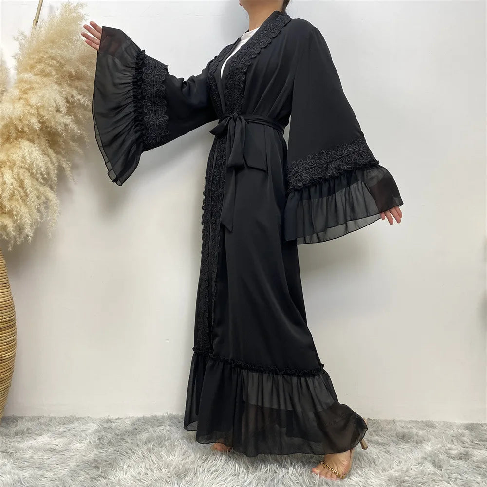 Fashion Lace Stitching Muslim Abaya Dubai Full Length Flare Sleeve Lace Abaya Dubai Turkey Muslim Islam Robe With Belt WY1391