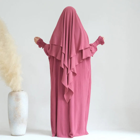 Khimar Abaya Set Crinkled Fabric Batwing Sleeve Dress+Hijab Scarf Dubai Turkey Prayer Clothes Women Islam Muslim Jilbab Ramadan