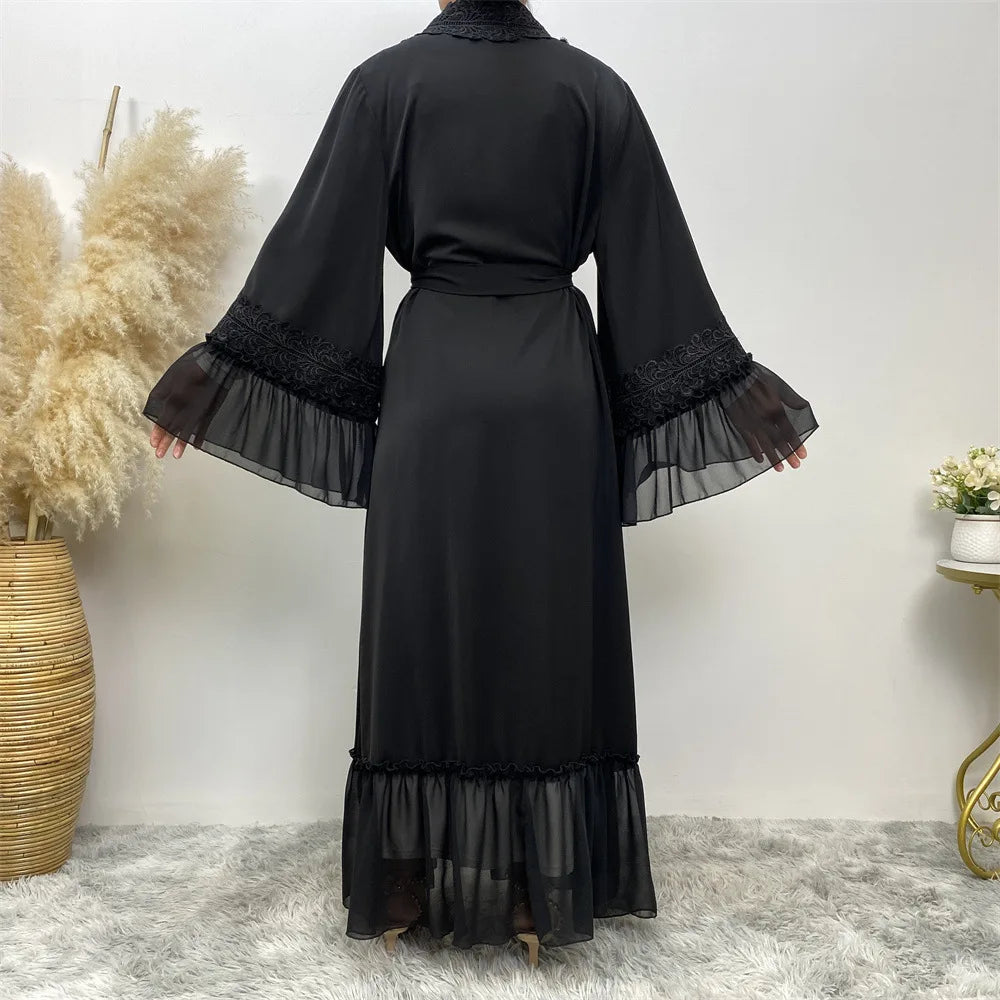 Fashion Lace Stitching Muslim Abaya Dubai Full Length Flare Sleeve Lace Abaya Dubai Turkey Muslim Islam Robe With Belt WY1391